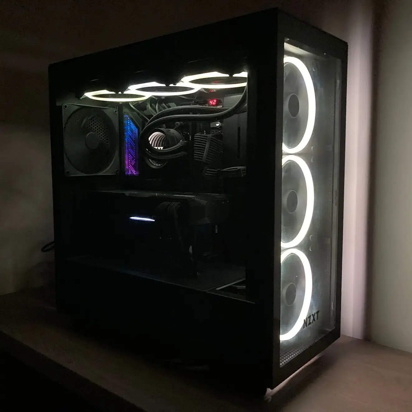 Black and white PC in a dark environment.