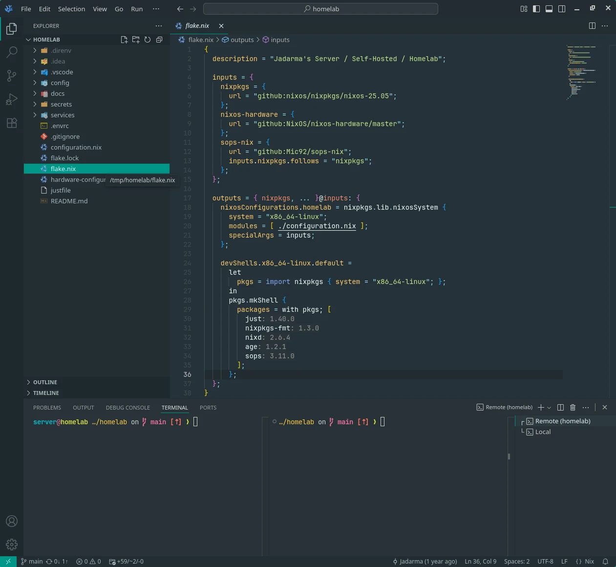 Launched editor of SSHFS mounted flake of remote homelab machine.